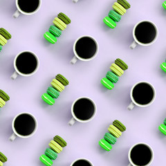 A pattern of many colorful dessert cake macaroon and coffee cups on trendy pastel lilac background top view