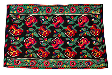 Colorful vintage handmade rug with geometrical shapes and motifs traditional of Maramures region of...