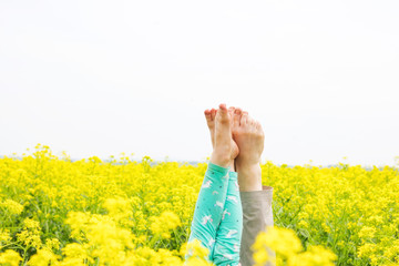 The legs of the child and the woman's daughter and mother stick out of yellow colza field in the morning in the fog at sunrise landscape