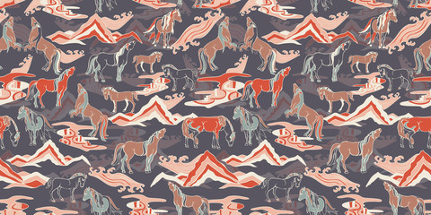 Seamless illustration of relaxing and playful horses in different poses, stylized mountains, hills, winds and rivers. Vector pattern in shades of grey, orange, cream, tan, sage and brown. Designed for