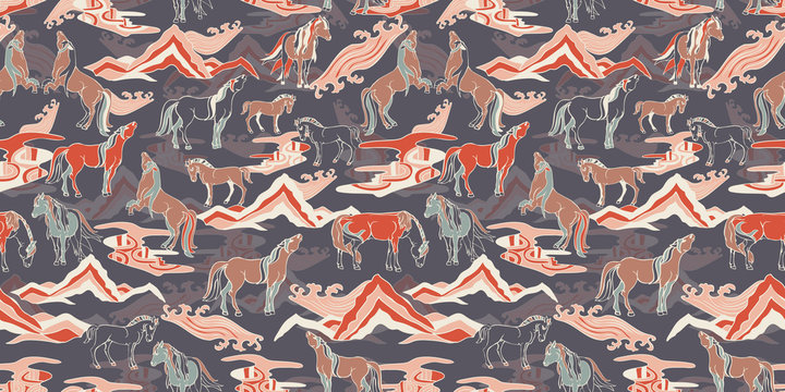 Seamless illustration of relaxing and playful horses in different poses, stylized mountains, hills, winds and rivers. Vector pattern in shades of grey, orange, cream, tan, sage and brown. Designed for