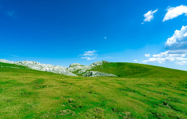 Fototapeta na wymiar Landscape of green grass and rock hill in spring with beautiful blue sky and white clouds. Countryside or rural view. Nature background in sunny day. Fresh air environment. Stone on the mountain.