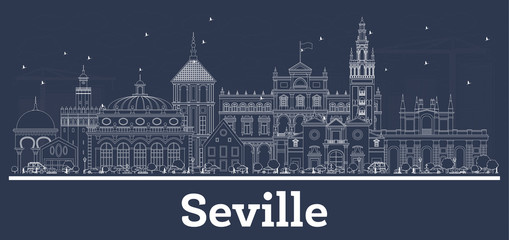 Fototapeta premium Outline Seville Spain City Skyline with White Buildings.