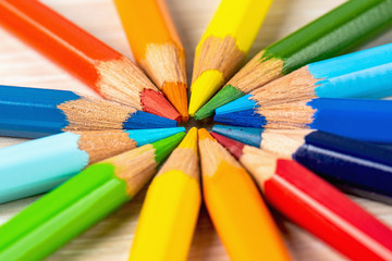 Color pencils in a circle on a white background. Drawing with colored pencils.