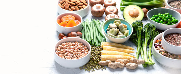 Food sources of plant based protein. Image with copy space