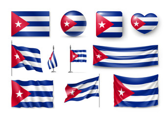 Various flags of Cuba independent country. Realistic waving national flag on pole, table flag and different shapes badges set. Patriotic cuban 3d rendering symbols isolated vector illustration.