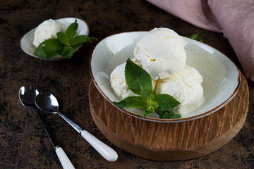 Vanilla ice cream in a plate on a dark wooden background. Horizontal photo.