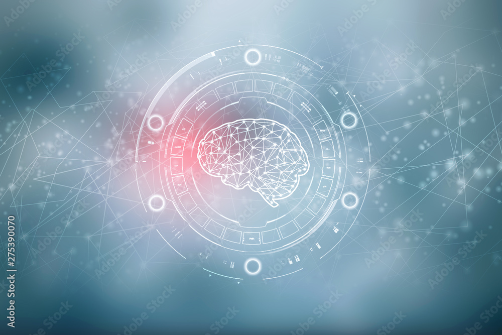 Poster 2d illustration concept of thinking, background with brain, abstract artificial intelligence. techno