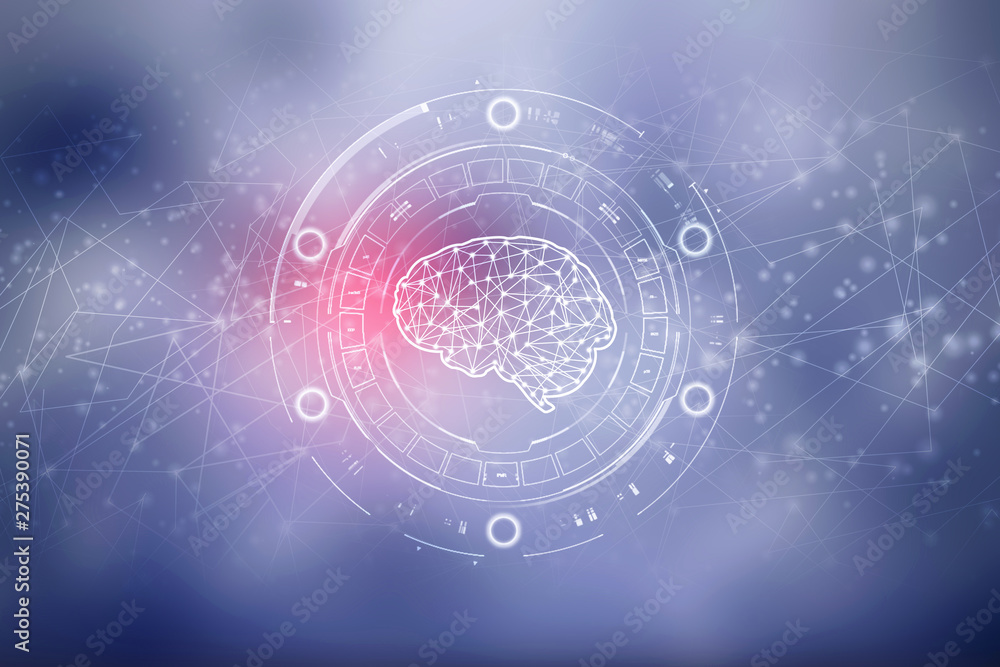 Poster 2d illustration concept of thinking, background with brain, abstract artificial intelligence. techno