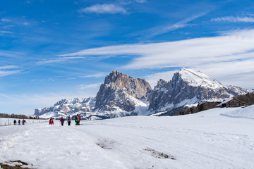 Beautiful winter landscape view from the seiser alm to langkofel and plattkofel mountain in south tyrol