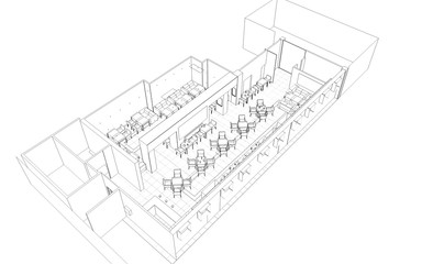 restaurant, 3D illustration, sketch, outline