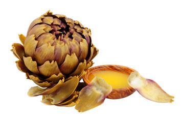 Steamed green globe artichoke flower bud with bowl of melted butter isolated on a white background