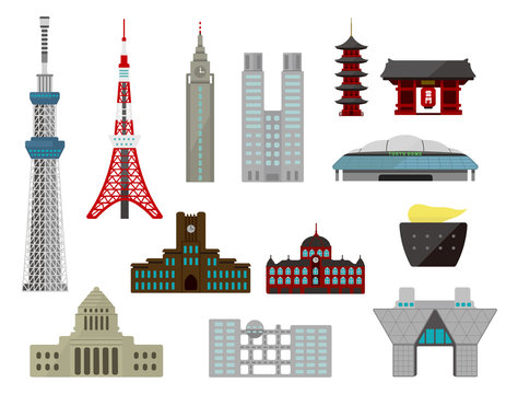 Tokyo landmark buildings (tower, temple etc.) flat vector illustration set.