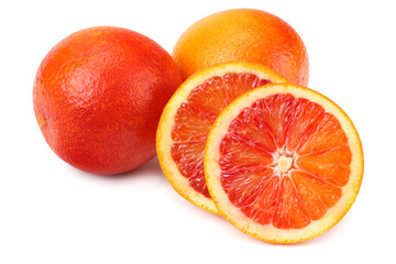 Red blood orange fruit with slices isolated on white background