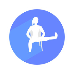 Young woman doing exercises with chair. Circle icon with long shadow and flat vector symbol. 