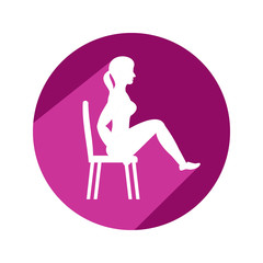 Young woman doing exercises with chair. Circle icon with long shadow and flat vector symbol. 