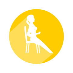 Young woman doing exercises with chair. Circle icon with long shadow and flat vector symbol. 