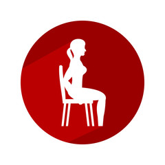 Young woman doing exercises with chair. Circle icon with long shadow and flat vector symbol. 