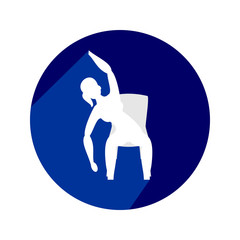 Young woman doing exercises with chair. Circle icon with long shadow and flat vector symbol. 
