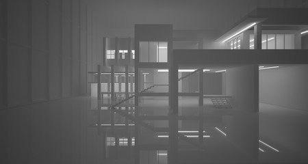 Abstract architectural white interior of a minimalist house with neon lighting. 3D illustration and rendering.