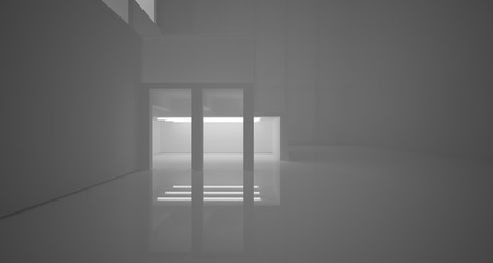 Abstract architectural white interior of a minimalist house with neon lighting. 3D illustration and rendering.