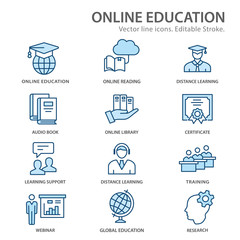 Online distance education flat line icons. Editable Strokes.