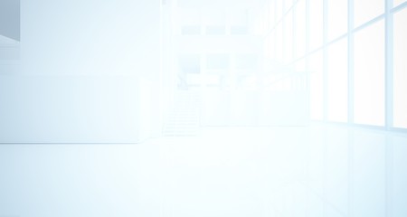 Abstract architectural white interior of a minimalist house with large windows. 3D illustration and rendering.