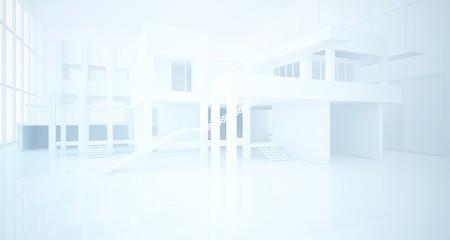 Abstract architectural white interior of a minimalist house with large windows. 3D illustration and rendering.