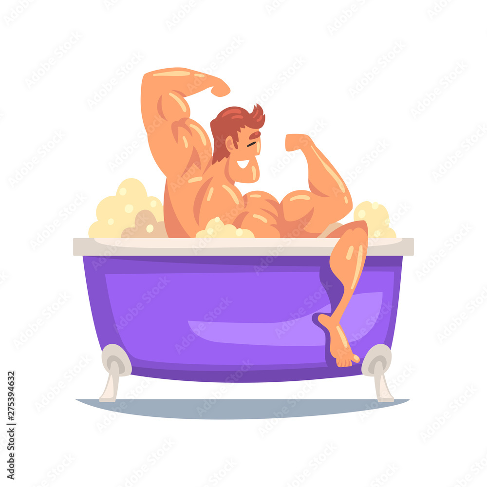 Sticker Funny Strong Muscular Man Taking Bath, Male Character Relaxing in Bathtub Full of Foam Vector Illustration