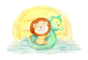 Lion cub cute riding on an inflatable seahorse. by sea.  watercolor.  poster , for postcards, prints on clothes, children's print
