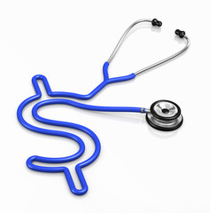 Stethoscope on a white background laid out in the form of a Dollar sign, symbolizing that healthcare costs money.