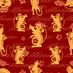 Chinese lunar new year background. Rat - symbol 2020 New Year. Cloud, rat, sakura. Vector illustration for wrapping, poster, greeting cards, wallpaper.