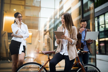 Portrait of happy business friends enjoying the break from meeting