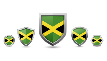 Set of Jamaica country flag with metal shape shield badge