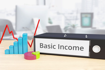 Basic Income - Finance/Economy. Folder on desk with label beside diagrams. Business/statistics