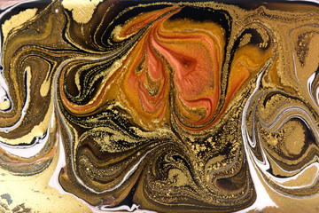 Bronze and gold marbling pattern. Golden marble liquid texture.