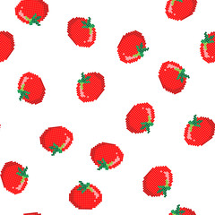 Seamless pattern with 8 bit pixel tomato on a white background. Vector illustration. Old school computer graphic style.
