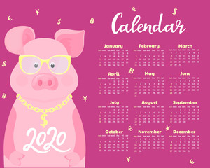 Calendar for 2020. Week start on Sunday. Cute pig in glasses with dollar sign on a gold chain. Funny animal.