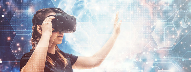 Digital Screen with young woman using a virtual reality headset