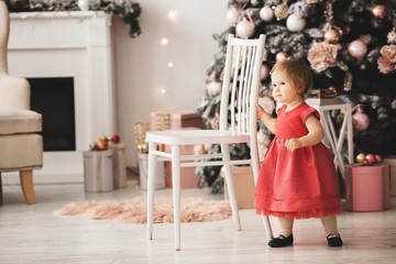 Portrait of a beautiful little girl in a red dress. The girl is standing near the Christmas tree at home