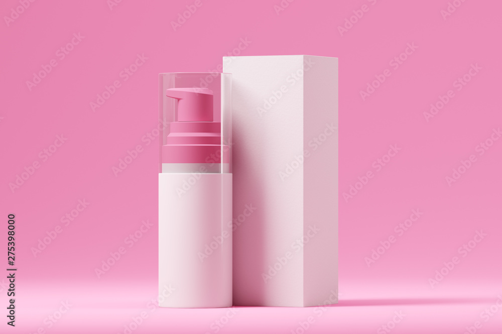 Poster cosmetic dispenser with cardboard box on a pink background. mock up. 3d rendering