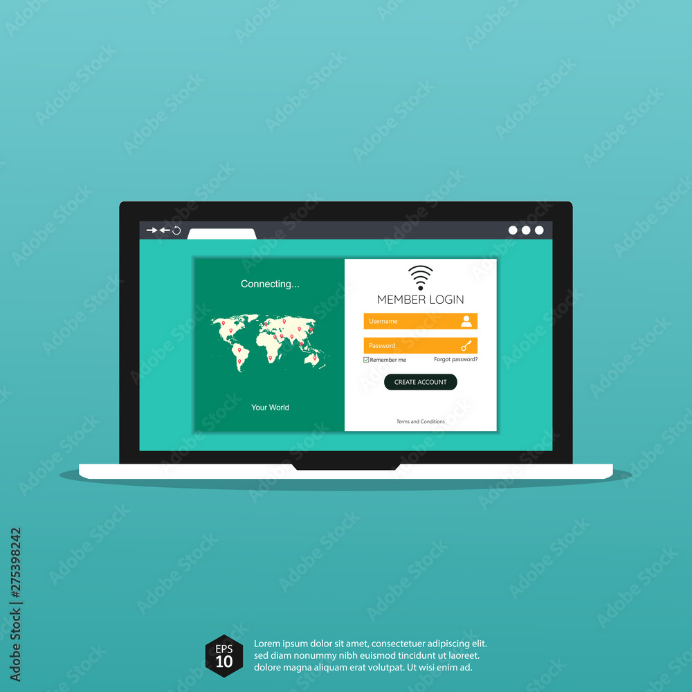 Poster login form page on modern laptop for website ui elements with world map, online registration for wif
