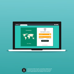 Login form page on modern laptop for website ui elements with world map, online registration for wifi user, website mockups, app development, user profile, access to account concept. Vector 10 eps