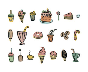 Set of hand drawn doodles of desserts and drinks. Coffee, tea, ice cream, cakes, pastries, sweets. Color vector isolated retro style illustration.