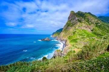 Beautiful landscape scenery of Madeira Island - View from Miradouro de Sao Cristovao in the Northern coastline, Sao Vicente area near Boaventura, Portugal