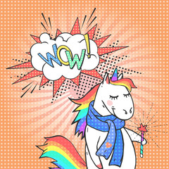 Cartoon unicorn and speech bubble with text WOW! Poster, greeting card or invitation in comic style.