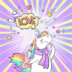 Comic page bright concept with magic animal unicorn and speech bubble LOVE!