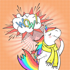 Cartoon dreaming unicorn and speech bubble with text WOW! Poster, greeting card or invitation in comic style.