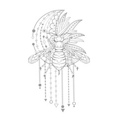 Vector illustration with hand drawn wasp and Sacred symbol on white background. Abstract mystic sign. Black linear shape.