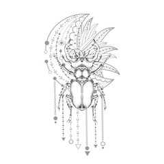 Vector illustration with hand drawn stag beetle and Sacred geometric symbol on white background. Abstract mystic sign. Black linear shape.